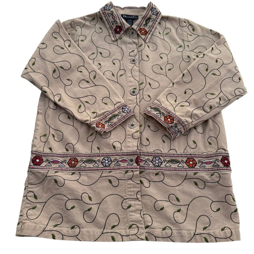 Denim & Co Women’s Embroidered Floral Jacket Beige Boho Cottagecore Large